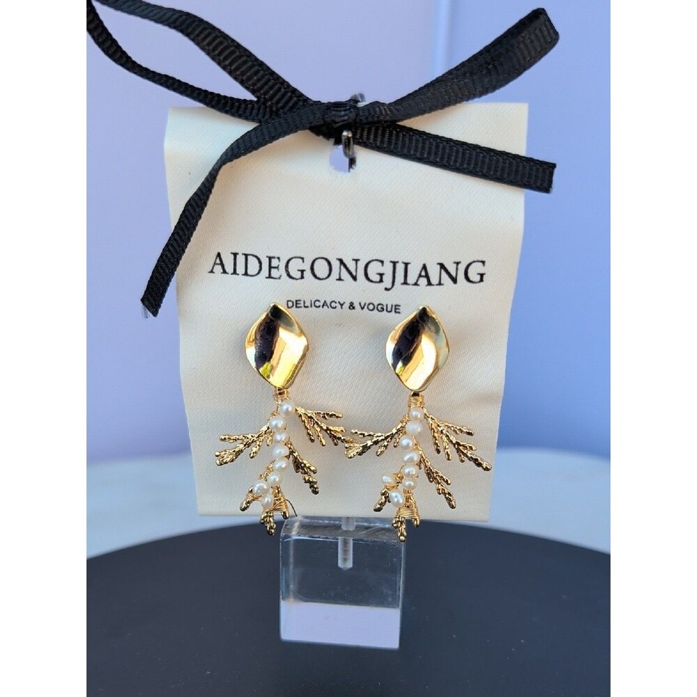 Gold Pearl Branch Drop Earrings, Gold Plated